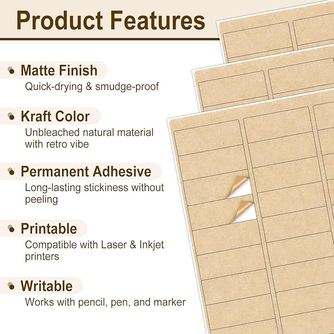 NATURALABEL 100 Sheets Printable Kraft Address Labels for Laser & Inkjet Printers, 1" x 2-5/8" - 30 per Page, Self-Adhesive Mailing Labels, Matte