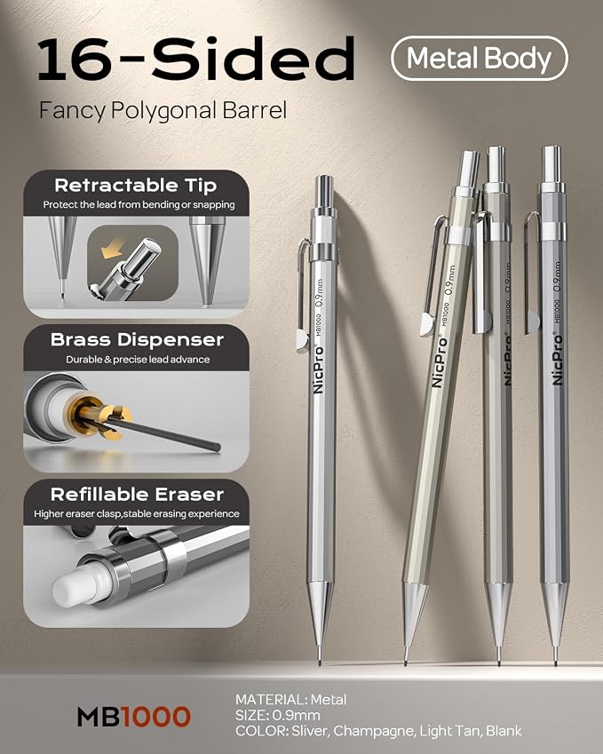 Nicpro 4 Pack Metal Mechanical Pencil Set 0.9mm, MB1000 Lead Drafting Pencil 0.9 mm with 6 Tube HB #2 Lead Refill, 3PCS 4B Eraser, 9 Cap Eraser for Artist Writing, Sketching, Drawing- Come with Case | 6 Tube HB #2 Lead Refill, 3PCS 4B Eraser, 9 Cap Era...