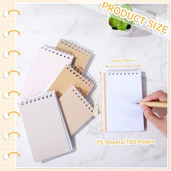 Teling 50 Pcs Graph Paper Pocket Notebook 3x5'' Small Spiral Memo Pads Bulk | Mini Grid Notepad, Back to School Supplies, Top Spiral Tiny Note Pad with Lined, Mini Journal for Office Nurse Work, 75 Sheet