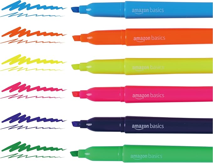 Amazon Basics Chisel Tip Highlighters, Fluorescent Ink, Vibrant Assorted Colors, School Supplies, 12-Pack