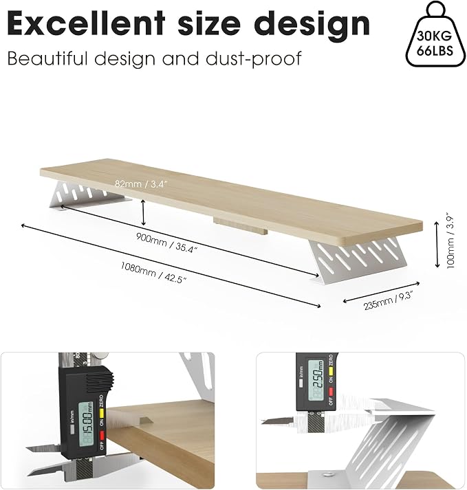 Fenge Monitor Stand Riser, Wooden & Metal Desk Shelf Organizer, Oak | 42.5 Inch Dual Monitor Riser for 2 Monitors, Multifunctional Monitor Shelf for Laptop, PC, Printer
