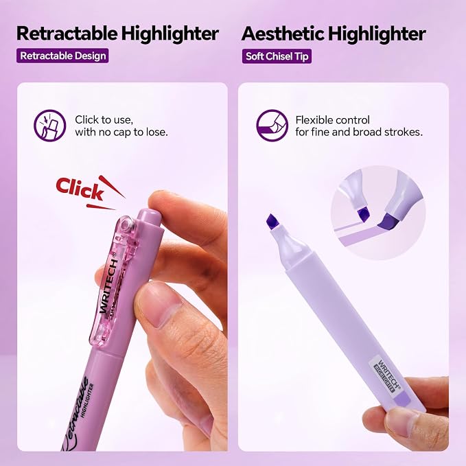 WRITECH Gel Pens Journaling Highlighters: Purple Journal Set Assorted Pastel Color 0.5mm&0.7mm Fine Point Retractable Black Ink Pen Mechanical Pencil Smooth Writing Drawing 8ct