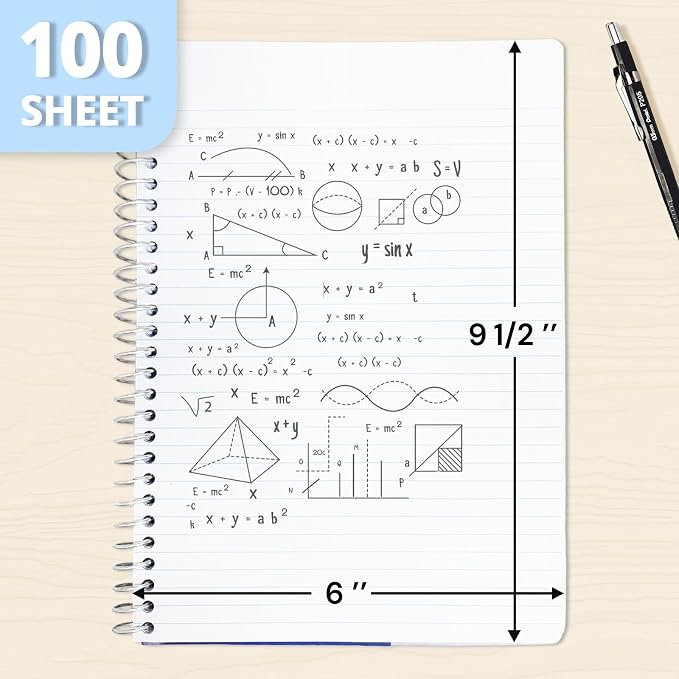 ONAVIA 2 Subject Spiral Notebook College Ruled, 200 Pages, Assorted | 100 ct, 6 x 9.5 in, Poly Cover, 2 Dividers, Double-Sided Pockets, Notebook for School, Study