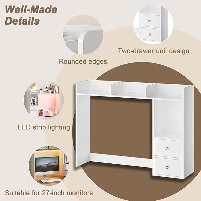 ChooChoo Desktop Bookshelf with LED Lights, 36.6" Dorm Desk Hutch with 4 Shelves and 2 Drawers, Fits 27" Monitor, Desk Organizer Shelf for Dorm Office Home, White