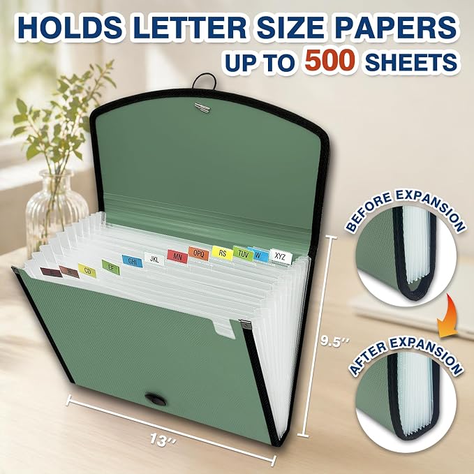 H4D 13-Pocket Accordion File Organizer, Expanding File Folder, Sage | Extra Back Mesh Pocket, Letter Size Paper, Pre-Printed and Customizable Labels, Expandable Document Organizer
