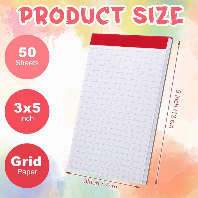 16 Pcs 3'' x 5'' Graph Paper Pads Quad Ruled Grid Mini Notepads, Perforated Assorted Color Tops, 50 Sheets Per Memo Pad, 80Gsm Paper Pads Small Pocket Graph Notebook for Students, Office, Math, Notes