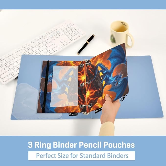 Gredecor 3 Ring Binder Pencil Pouch, Blue Dragon Glowing Eyes Zippered Pen Case Pouches with Clear Window, 2 Pack Stylish Office & School Supplie