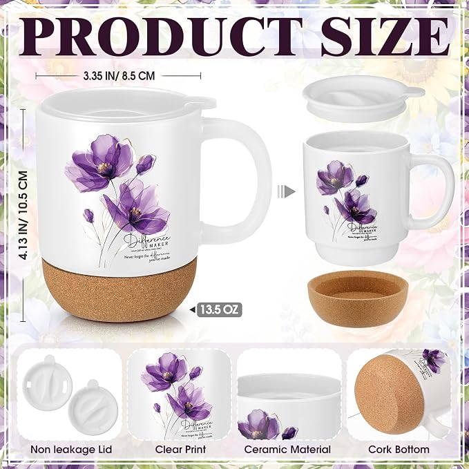 4 Pcs Difference Maker Gift Set Mug Notebook Candle Pen,Purple,Flower