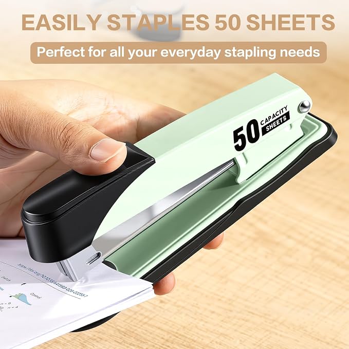 Deli Stapler Heavy Duty, Full Strip Staplers for Desk with 2000 Staples and Staple Remover, 50 Sheet Capacity, No Jam, Non-Slip Office Stapler with Staples for Office, Classroom, Green