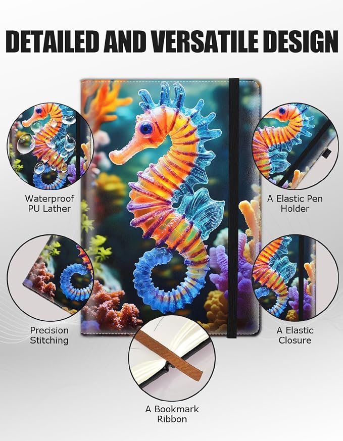 Hardcover Executive Notebooks, A5 PU Leather Lined Journal Notebook, 200 Pages Thick Paper Subject Notebooks for School,Work,Home Writing Business Notebook, Diary Book ，Colored Seahorse