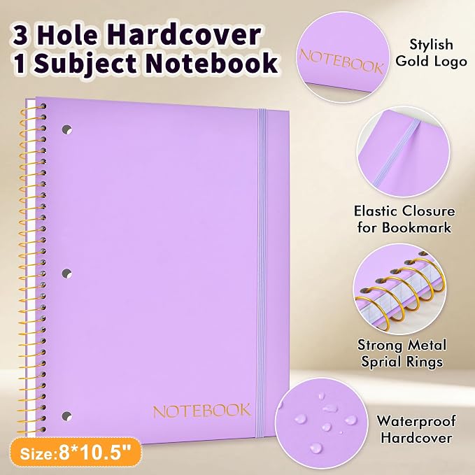 Spiral Notebook Graph Ruled Paper 8" x 10 1/2", 1 Subject Spiral Grid Notebook 3-Hole Punched Perforated Page Ideal for School, Office, Writing, 95 Sheets Lined Journaling Graphing Notebook, Purple