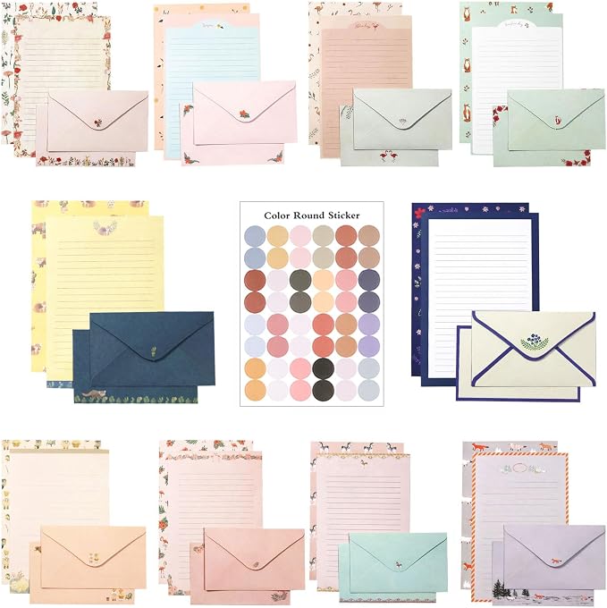 91 Pcs Stationery Paper Envelopes Set Includes 60 Lined Writing Stationery Paper & 30 Envelopes with 48 Round Dot Stickers, Cute Floral Letter Writing and Stationery Paper Envelopes (10 Style)