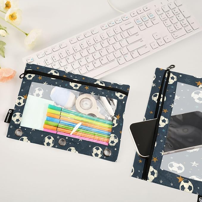 White Soccer Football Star Pencil Pouch for 3 Ring Binder 2 Pack Zipper Binder Pencil Bag Case with Clear Window Office School Supplies