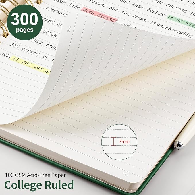 EMSHOI Lined Spiral Journal Notebook, 300 Numbered Pages, A4 (8.2"x11.2") | College Ruled, Leather Hardcover, 100 GSM Thick Paper, for School, Writing, Work, Office & Journaling (Dark green)