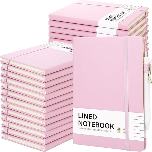 Aodaer 30 Set Lined Notebook Journals with Pens A5 Notebooks 100 GSM College Ruled Hardcover Notebook PU Leather Notepad with Pen Holder for Office School, 5.7 x 8.3 Inches, Pink