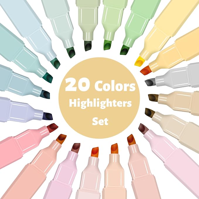 Piochoo Highlighters,20Pcs Highlighters Assorted Colors,Chisel Tip Bible Pens,Pastel Markers for Journaling Planner Notes Graduation Gifts