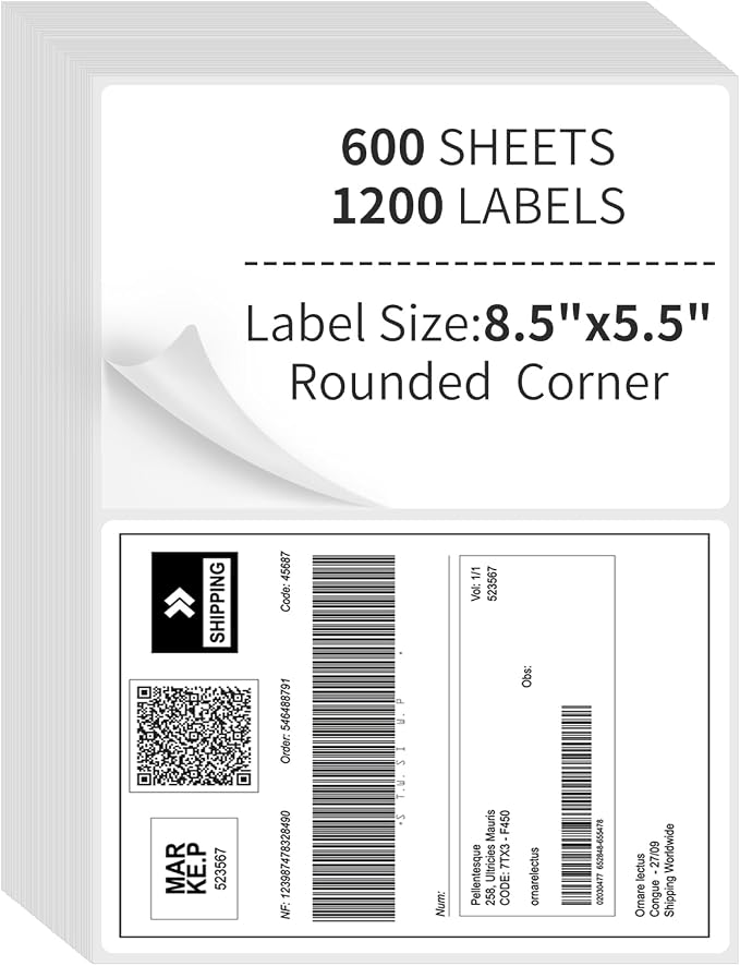 1000 Sheets Half Sheet Shipping Labels,2 Per Page Self Adhesive Mailing Labels,8.5" x 5.5" Sticker for Laser & Inkjet Printers Labels(2000 Labels)