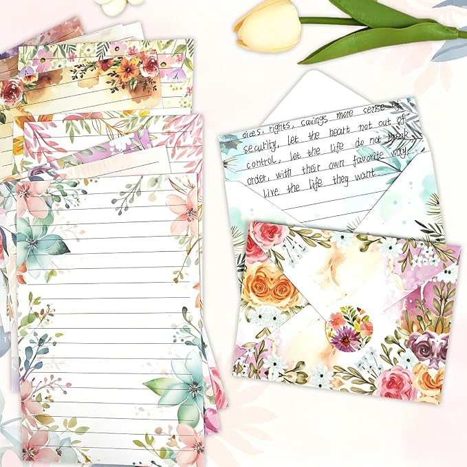 FUNCLASS 160 Pcs Floral Stationery Set Letter and Envelopes | 50 Lined Stationery Paper and 50 Matching Envelopes , 5.5 x 8.25 Inches Letter Writing Stationery for Home, Office, School