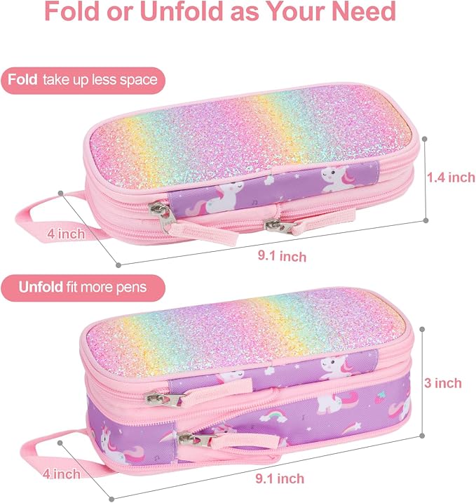 Bagseri Pencil Case for Girls - Expandable Cute Pencil Pouch for Kids Special Pencil Box Large Capacity Pencil Bag Organizer for School (Glitter Purple Unicorn)