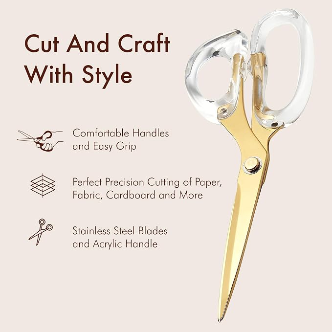 OfficeGoods 9” Stainless Steel Acrylic Scissors for Office and Home - Aesthetic and Sharp All Purpose Scissors, Perfect for Sewing, Arts and Crafts - Gold