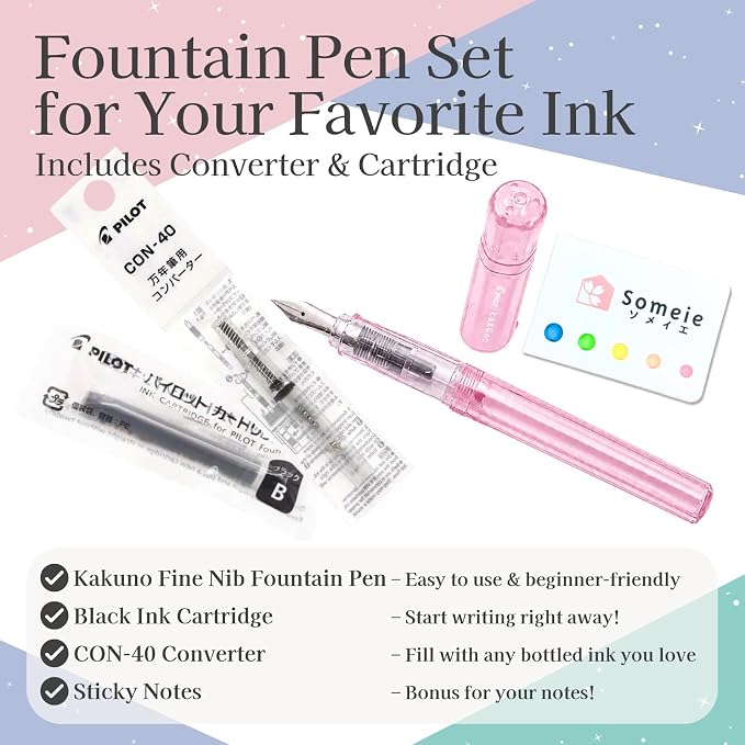 Fountain Pen Set CON-40 Converter & Kakuno Fine Nib with Black Ink Cartridge & Sticky Notes – Refillable Ink System, For Beginners, Calligraphy (Pink FKA-1SR-KGP-F)