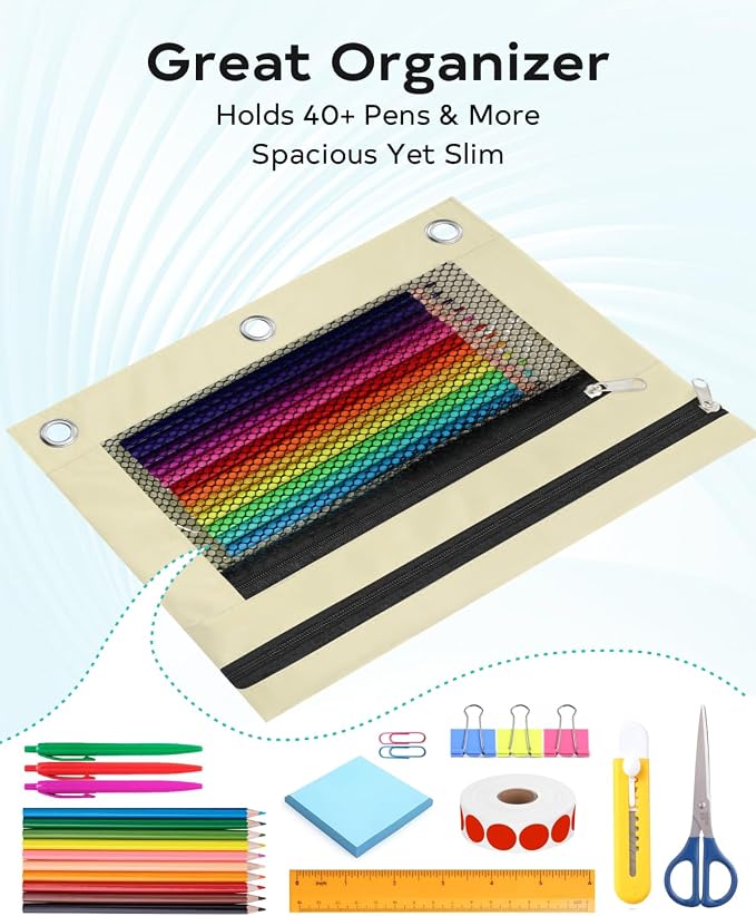 Pencil Pouch for 3 Ring Binder - 3 Hole Zipper Pen Case Bag Holder Bulk Accessories Clear Window Aesthetic Organizer Pockets