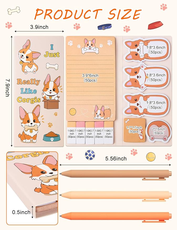 Corgis Sticky Notes Corgi Gifts for Corgi Lovers, Cute Cartoon Dog Post It Notes with 3 Point Pens, Self-Adhesive Writing Memo Pages Back to School Office Supplies