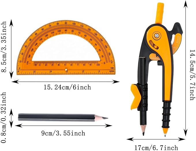 Vobou Compass for Geometry Set, 6 Inch Protractor, Clear Plastic (Orange) | 6 Inch Compass, Sharpener and Eraser, Easy Grip, Drafting Tool for Scool, Art, Drawing Precision Design for Math