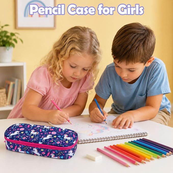 RHCPFOVR Kids Pencil Case for Girls-Soft Zipper Large Capacity Pencil Pouch for Girls Pencil Case for School Pencil Bag for Toddler (Deep Blue Unicorn)