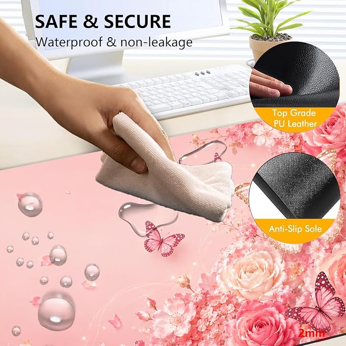 Large Heated Mouse Pad–31.5" x 13" Desk Mat for Office | 3 Adjustable Heat Levels,Auto Shut-Off After 3 Hours for Safety,Keeps Hands Warm While Working，Pink butterfly