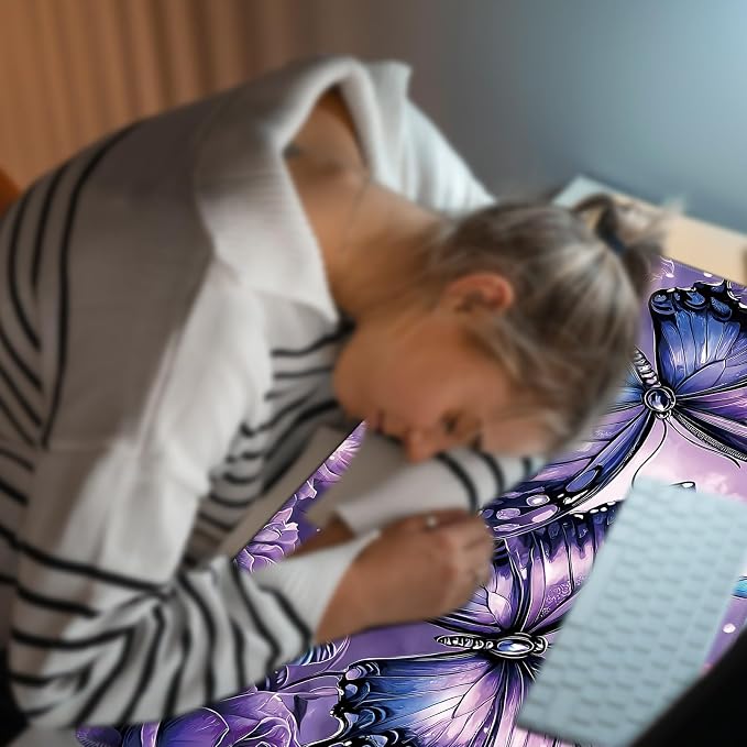 Heated Desk Pad Large Mouse Pad 23.6 x 14.1 inch with 3 Levels Heating & Auto Shut-Off Warm Mouse pad PU Leather Computer Mousepad for Home Office Work - Purple Rose and Butterflies