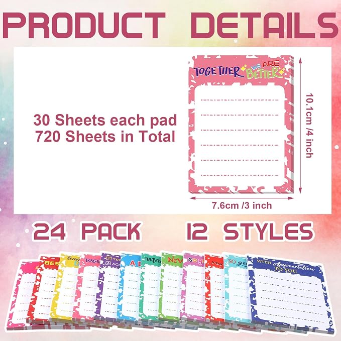 Yinder 24 Pcs Inspirational Sticky Notes, Back to School Supplies, Cute Motivational Sticky Notes Pad Employee Appreciation Gifts Bulk for Teacher Coworker Office 3 x 3'' (Appreciation,Vivid)