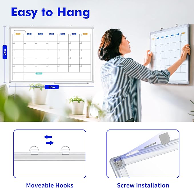 White Board Calendar Dry Erase for Wall, 36" x 24" Aluminum Frame | Magnetic Monthly Planner Board, Wall Mounted or Hanging. Calendar Design Suitable for Daily Planning of Home, Office, Class