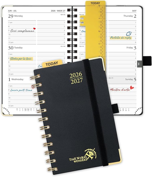 POPRUN Pocket Calendar 2026-2027,6.5" x 3.5" Pocket Planner | Jul 2026-Jan 2027 Small Planner for Purse,Inner-Pocket Weekly Planners with Hardcover, Tabs, Ruler, Pen Loop- Black
