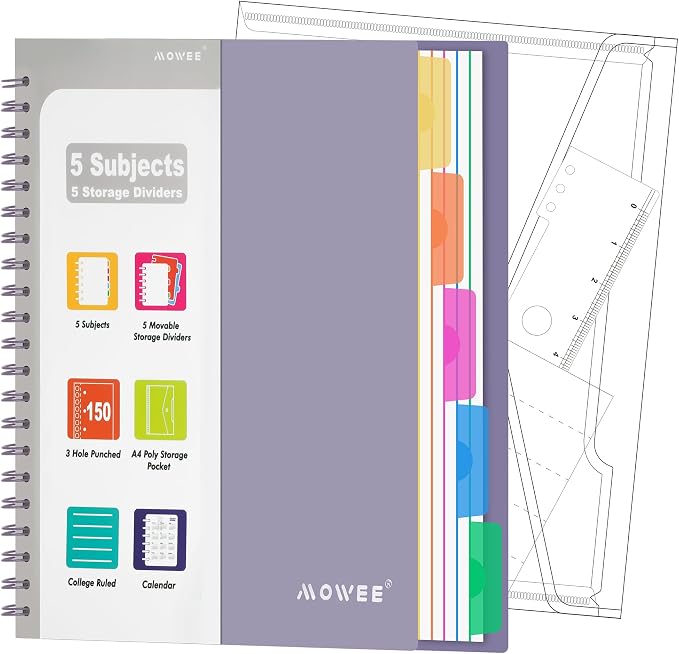5-Subject Spiral Notebook, College Ruled, with Pocket & Tab Dividers | 300 Pages, 11" Ruler, 8.5"x11" Violet, Pocket Dividers with Tab Labels, for Writing Journal, Home, Office & School Supplies