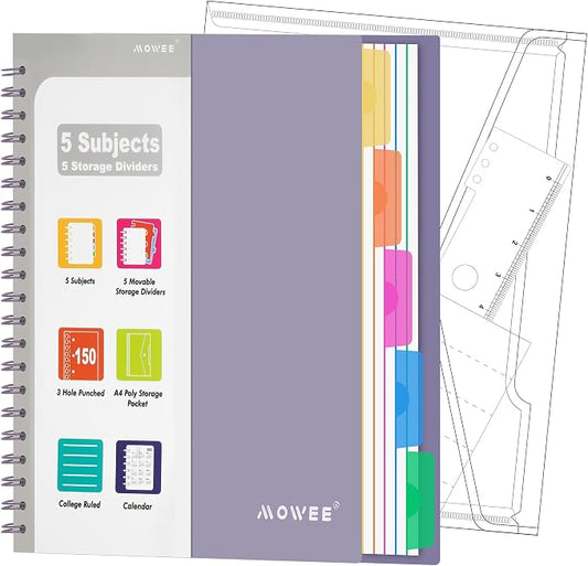 5-Subject Spiral Notebook, College Ruled, with Pocket & Tab Dividers | 300 Pages, 11" Ruler, 8.5"x11" Violet, Pocket Dividers with Tab Labels, for Writing Journal, Home, Office & School Supplies