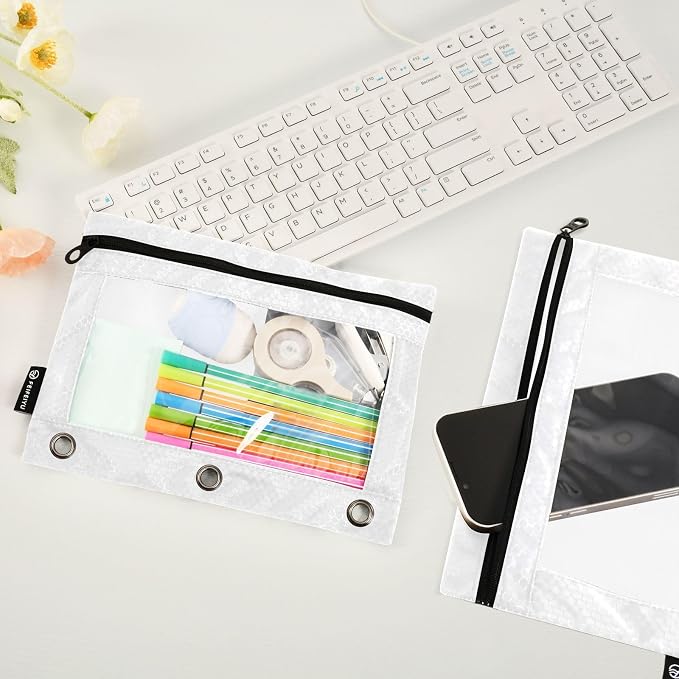 Gredecor Binder Pencil Pouch 3 Ring White Zipper Pencil Pouches Case 2 Pack Clear Binder Organizer for School Office