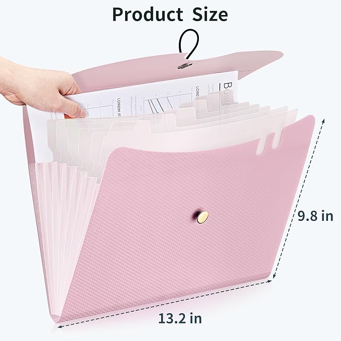JARLINK 7 Pockets Expanding File Folder, A4 Accordion folders, Pink | Accordion File Folders with 12 Labels, Portable Document Organizer for Home, College, School, and Office Supplies
