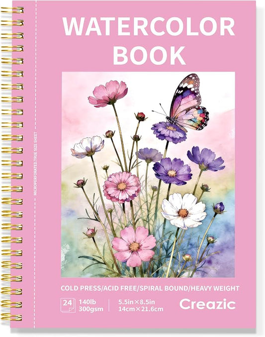 Creazic Watercolor Paper Pad, 5.5"x8.5" 140lb/300g Cold Press Watercolor Sketchbook, 24 Sheets Spiral Bound with Perforated Pages, Acid-Free Portable Drawing Pad for Travel, Practice & Small Projects