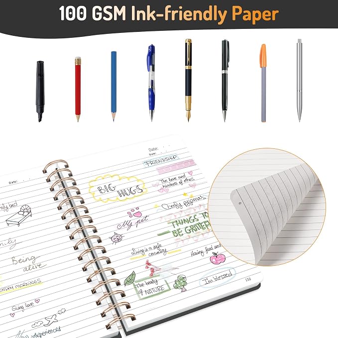 Forvencer Lined Spiral Journal Notebook with 300 Numbered Pages, A5 Thick Journals for Writing with 100GSM Paper, Hardcover Notebooks with Contents for Work, School, Women, Men, Black