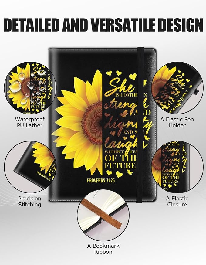 Hardcover Executive Notebooks, A5 PU Leather Lined Journal Notebook, 200 Pages Thick Paper Subject Notebooks for School,Work,Home Writing Business Notebook, Diary Book ，Sunflower Christian Bible