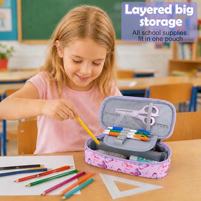 RHCPFOVR Kids Pencil Case for Girls-Soft Zipper Large Capacity Pencil Pouch for Girls Pencil Case for School Pencil Bag for Toddler (Purple Butterfly)