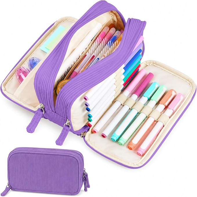 Sooez Big Capacity Pencil Case Pen Pouch, Soft Corduroy Pencil Bag with 3 Compartment, Multiple Pockets, Sturdy Zipper, Cute School Supplies Pen Bag Organizer For Teen Girls College, Purple
