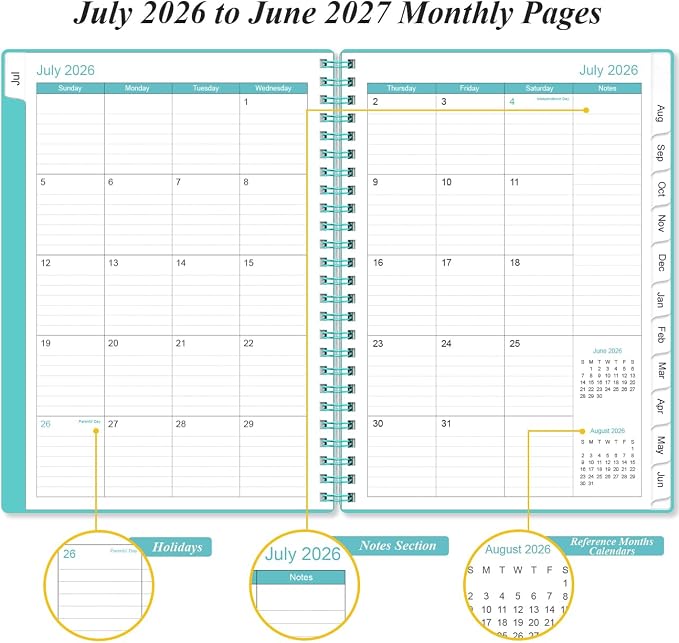 2026-2027 Planner - A5 Weekly & Monthly Planner Spiral Bound, July 2026 - June 2027, with Flexible Cover, Tabs, Inner Pocket, 6.4" x 8.5", Teal