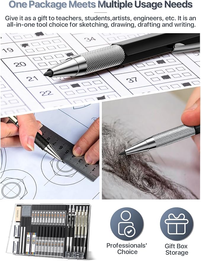 STAGEEK Mechanical Pencil Set with Case 37 Count, Drawing Pencils 0.3, 0.5, 0.7, 0.9MM & 2PCS 2MM Sketching Pencils with 492PCS Lead Refills (6B 4B 2B HB 2H 4H Color) for Artist Drafting Drawing
