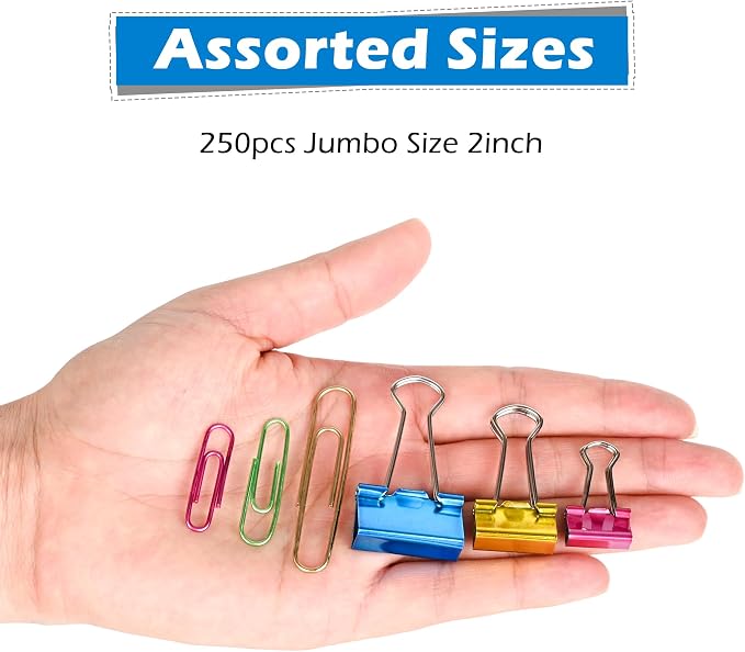 Colorful Paper Clips Binder Clips Set, 250pcs Assorted Size Colored Paperclips Large, Medium & Small Size, Paper Clips for Paperwork Office School Supplies and Desk Essentials