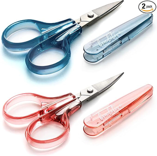 Beaditive Detail Craft Scissors Set (2 pcs) Curved and Straight, Sharp, Compact | Sewing, Embroidery, Paper Cutting, Crafting | Stainless Steel | Protective Cover (Blue&Pink)