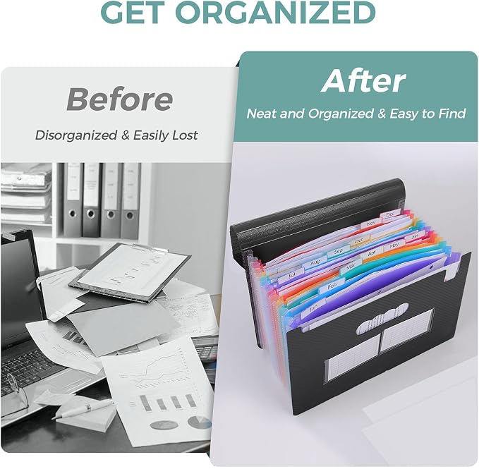 SKYDUE Accordion File Organizer, Expanding File Folder with 13 Pockets, Portable Document Paper Bill Receipt Organizer for Desk, Home School Office Supplies, Letter A4 Size Black