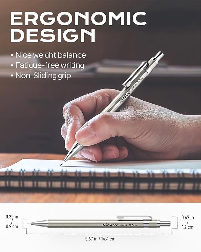 Nicpro 8 Pack 0.5mm & 0.7mm Metal Mechanical Pencil Set, MB1000 | Lead Drafting Pencil for Artist Writing, Sketching, Drawing with 6 Tubes HB Refills, 3×4B Eraser, 9×Cap Eraser - With Case