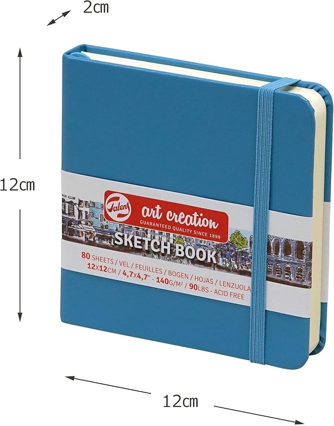 Talens Art Creation Sketchbook, Lake Blue, 80 Sheets, 4.7 x 4.7 in | Hard-Bound Pocket Notebook, 140 GSM/94 lbs Paper, Acid-Free Cream Blank Paper, Ribbon Bookmark, and Elastic Closure